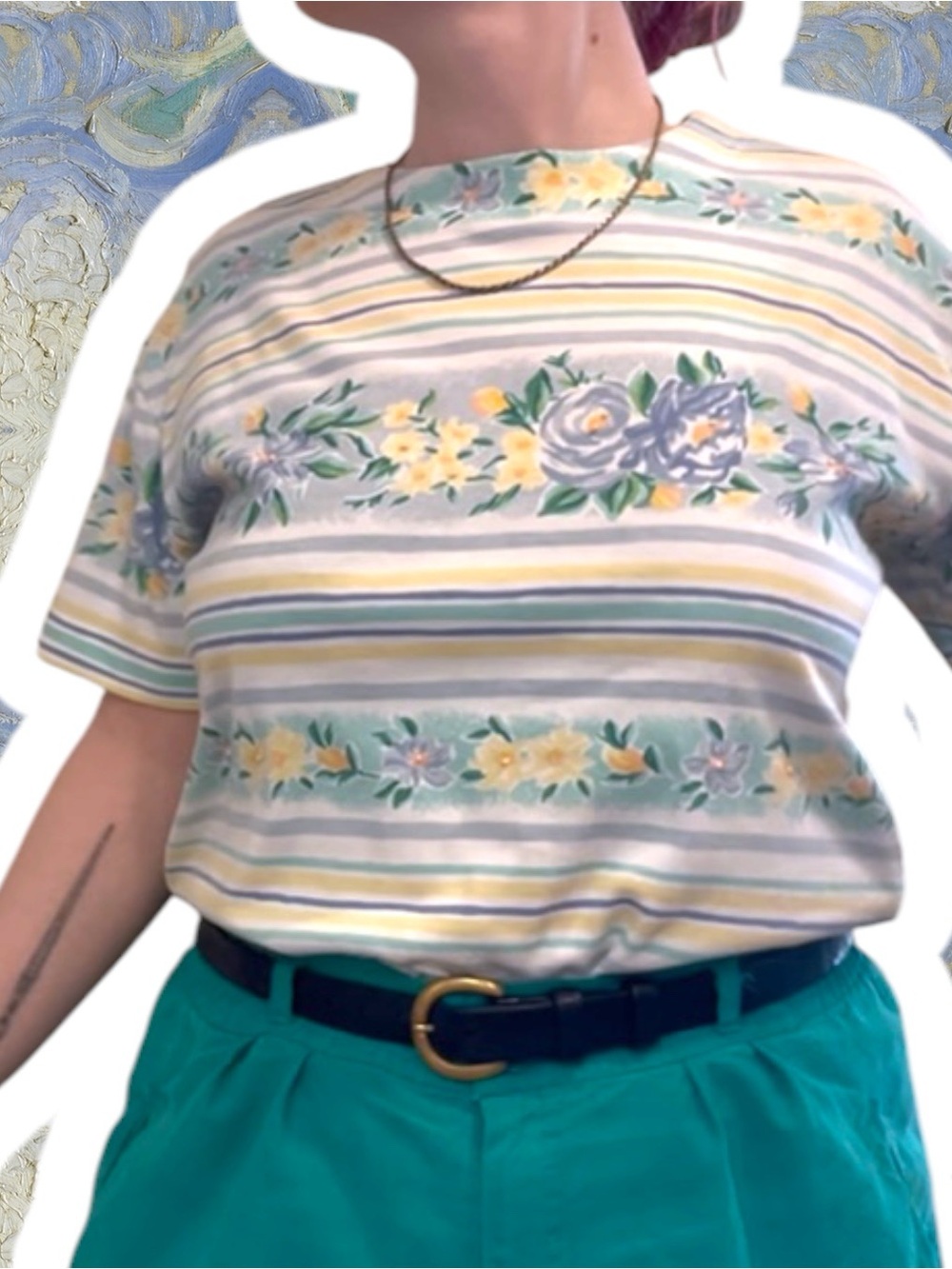 Jantzen vintage striped beaded floral pastel short sleeve t-shirt size L